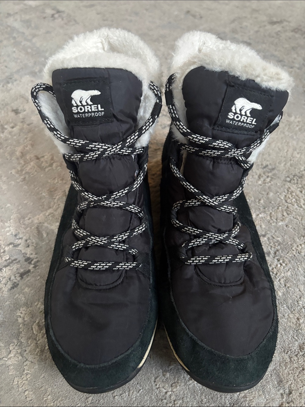 Sorel Joan of Arctic Wedge Waterproof Wedge Boots in Black & White US 10